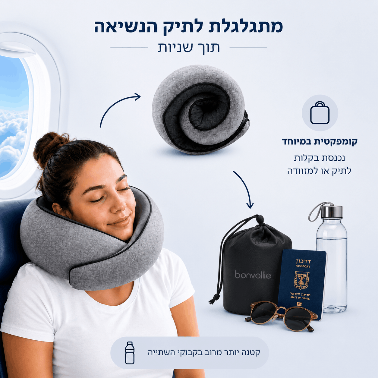 כרית הטיסות של bonvollie מתגלגלת בתוך שניות לגודל קומפקטי, נכנסת בקלות לתיק הנשיאה ומתאימה למזוודה או לתיק יד.